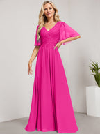 Vestido de madre de la novia de gasa con encaje, escote en V y lentejuelas, largo hasta el suelo