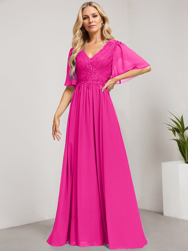 Vestido de madre de la novia de gasa con encaje, escote en V y lentejuelas, largo hasta el suelo