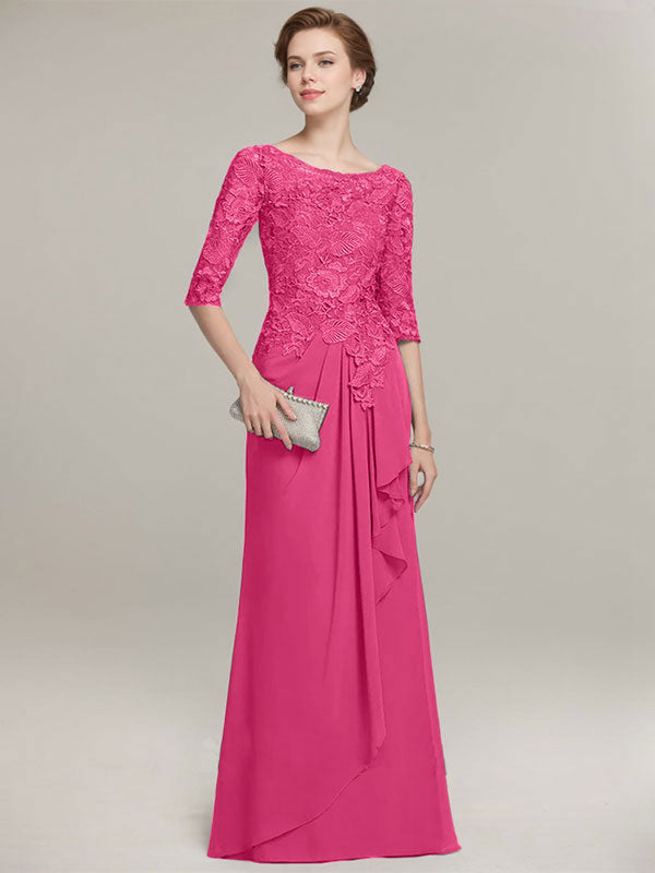 Vestido de gasa con encaje, corte A, escote ilusión, largo hasta el suelo, para madre de la novia con volantes en cascada