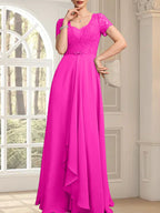 Vestido de madre de la novia de gasa con encaje, corte en A, escote corazón, largo hasta el suelo, con volantes en cascada y cuentas
