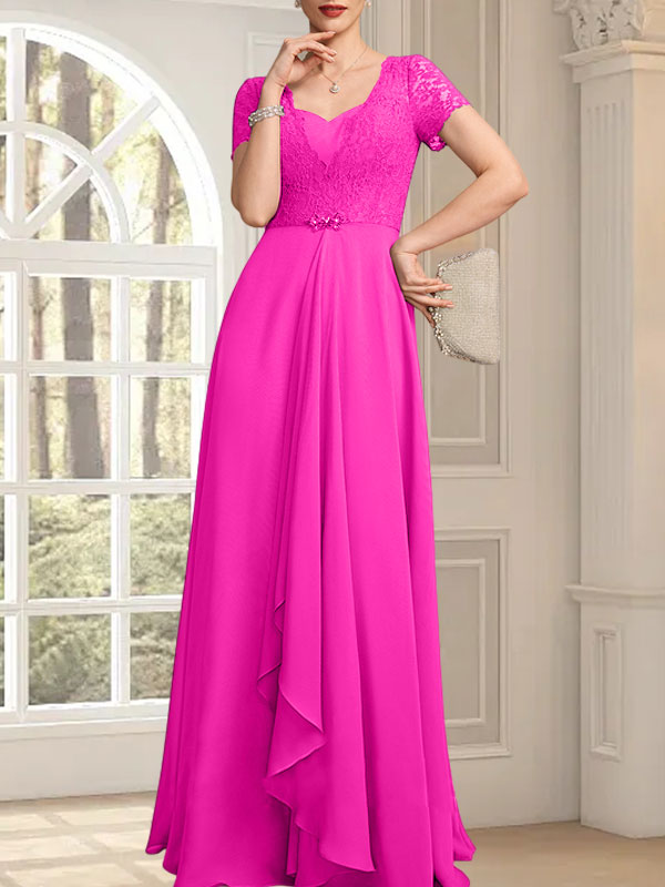 Vestido de madre de la novia de gasa con encaje, corte en A, escote corazón, largo hasta el suelo, con volantes en cascada y cuentas