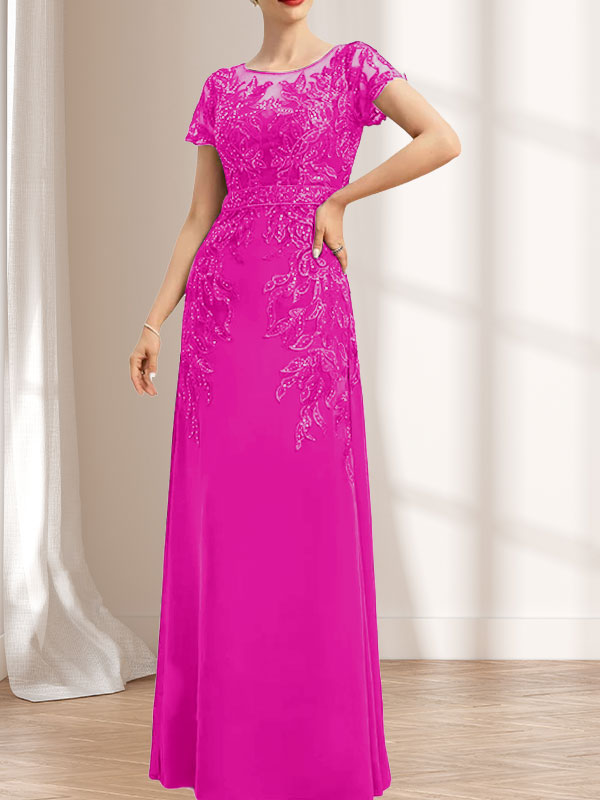 Vestido de madre de la novia de gasa con encaje, escote redondo, ilusión, largo hasta el suelo, con lentejuelas