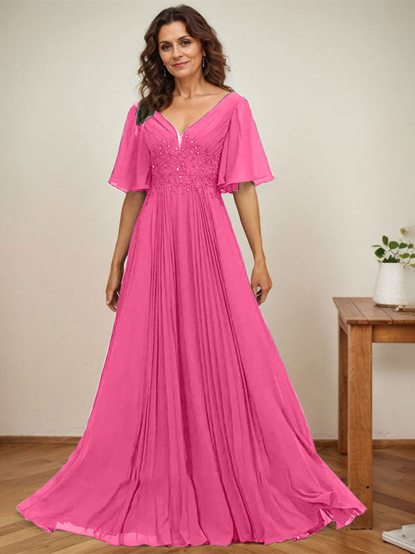 Vestido de gasa para madre de la novia, corte A, escote en V, largo hasta el suelo, con apliques de lentejuelas y encaje plisado