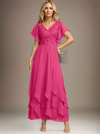 Vestido de gasa con encaje y escote en V hasta los tobillos para madre de la novia con volantes en cascada