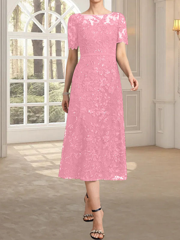 Vestido de madre de la novia de encaje con lentejuelas, corte A, escote ilusión y largo hasta la rodilla