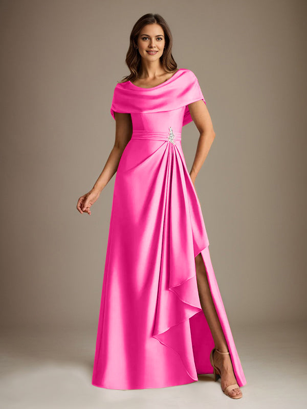 Vestido de madre de la novia de satén elástico, corte A, largo hasta el suelo, con escote redondo y volantes en cascada