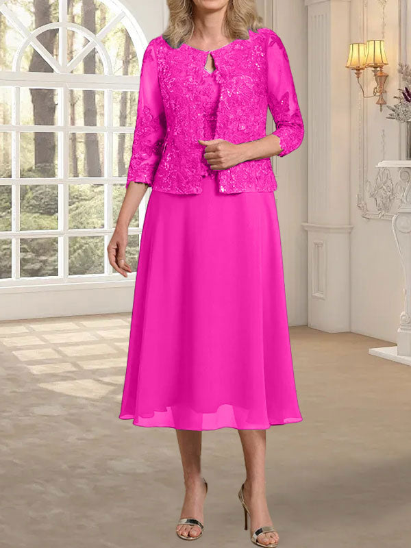 Vestido de gasa con encaje y lentejuelas para madre de la novia, corte A, escote redondo y largo hasta la rodilla