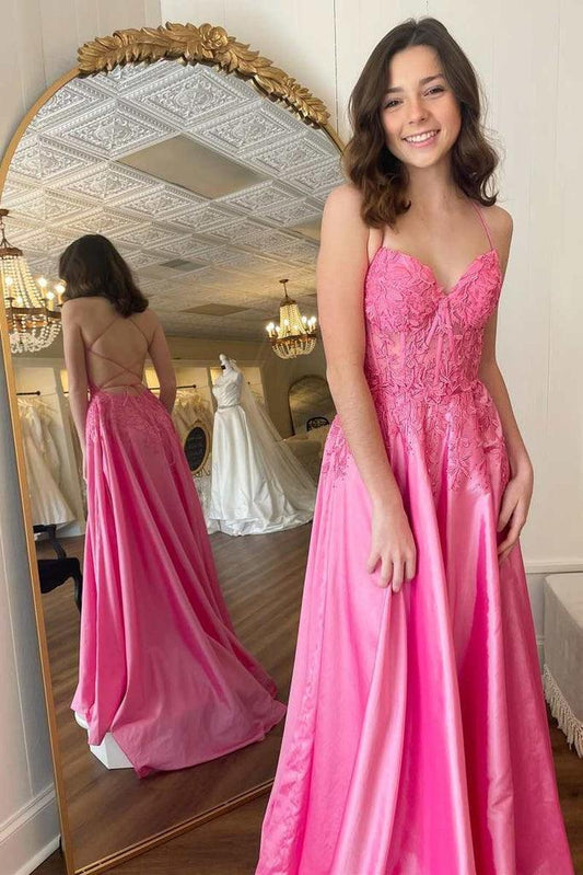 Robe de soirée trapèze à lacets avec appliques florales rose vif PSK393