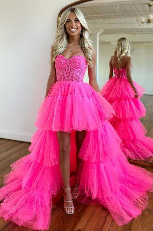 Hot Pink High Low Sweetheart Stufen-Ballkleid Abendkleid PSK398