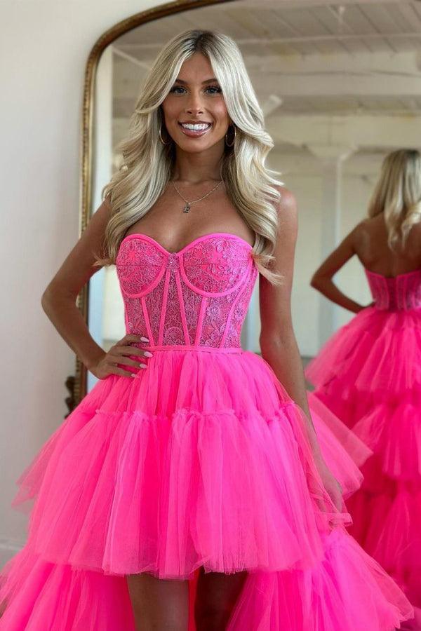 Hot Pink High Low Sweetheart Stufen-Ballkleid Abendkleid PSK398