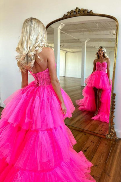Hot Pink High Low Sweetheart Stufen-Ballkleid Abendkleid PSK398