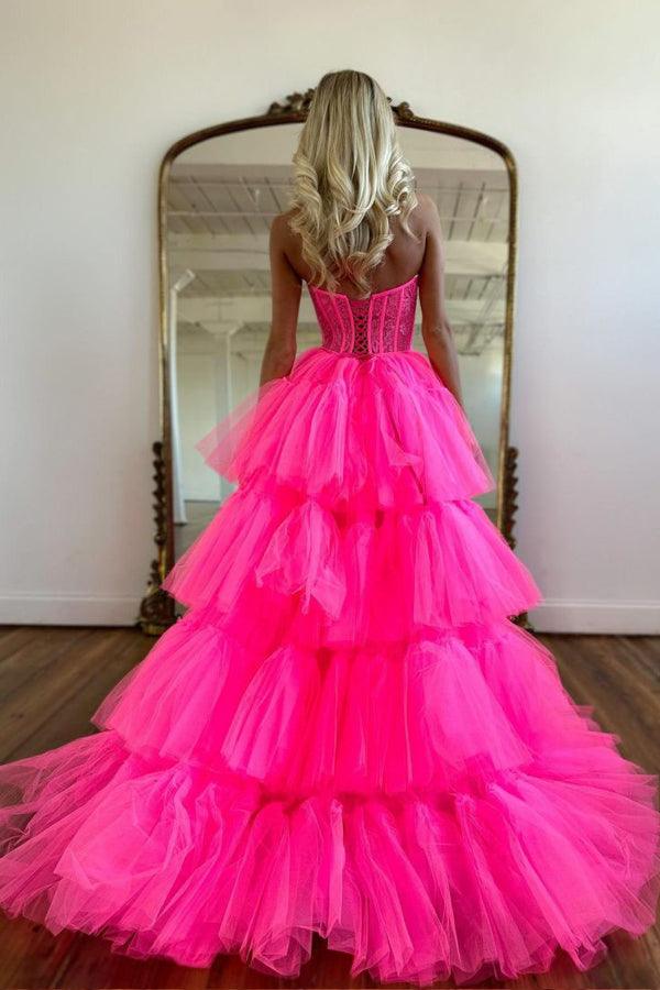 Hot Pink High Low Sweetheart Stufen-Ballkleid Abendkleid PSK398
