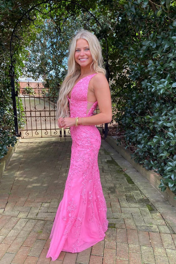 Hot Pink Meerjungfrau tiefem V-Ausschnitt Ballkleid mit Applikationen PSK457