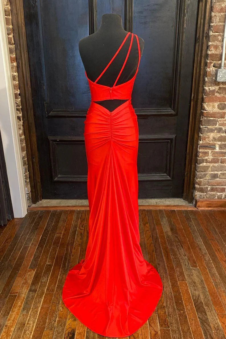 Pinkes One-Shoulder-Ballkleid mit Schlitz SYP105