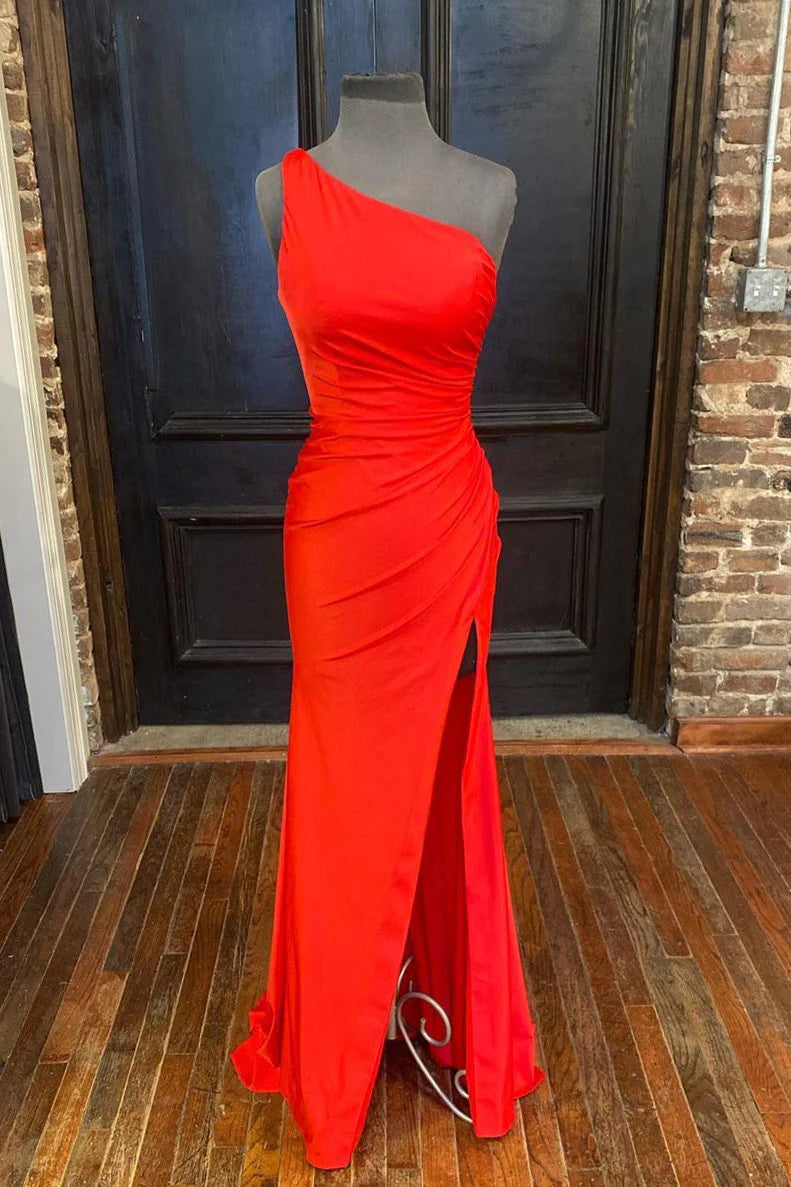 Pinkes One-Shoulder-Ballkleid mit Schlitz SYP105
