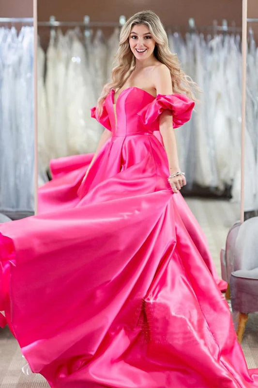 Robe de soirée simple rose vif à manches bouffantes et épaules dénudées PSK407
