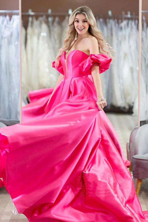 Hot Pink Puffärmel Off The Shoulder Einfaches Ball-/Abendkleid PSK407