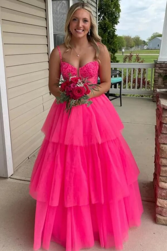 Tulle Layered Spaghetti Straps Long Prom Dresses, Evening Dress