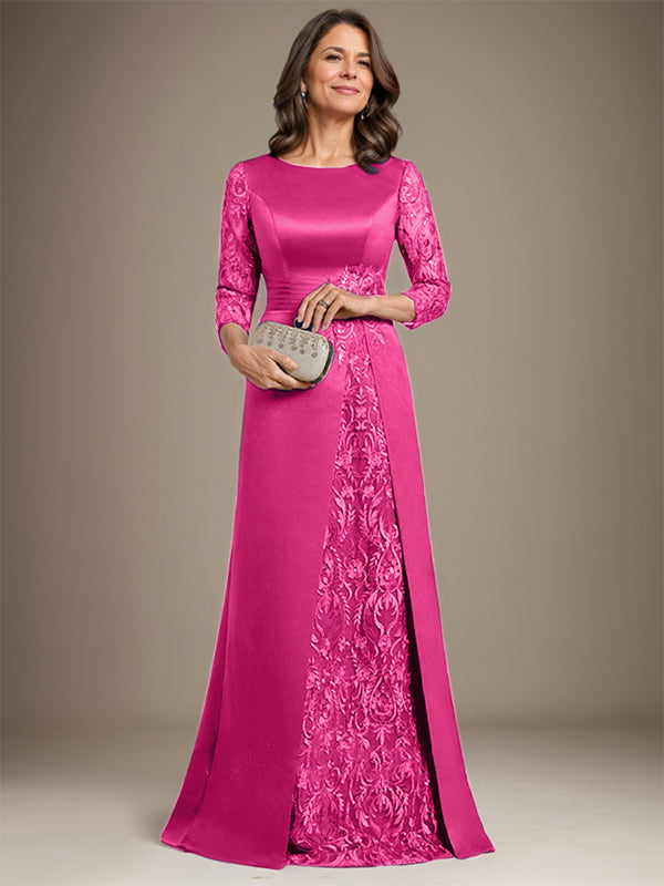 Vestido de madre de la novia de satén con encaje, corte A, largo hasta el suelo y apliques
