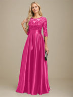Vestido de madre de la novia de satén elástico con encaje, corte A, escote ilusión, largo hasta el suelo, con lazo y lentejuelas