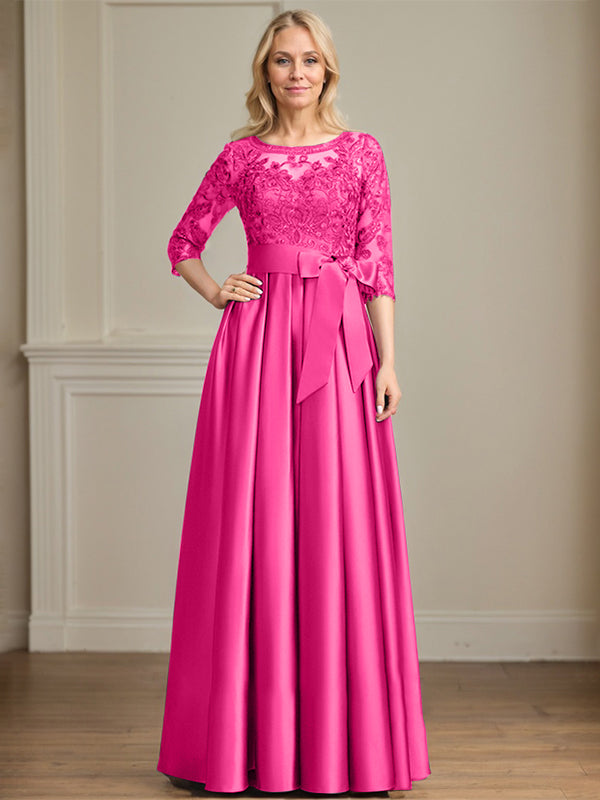Vestido de madre de la novia de satén con encaje, corte A, escote ilusión, largo hasta el suelo, con lazo de lentejuelas