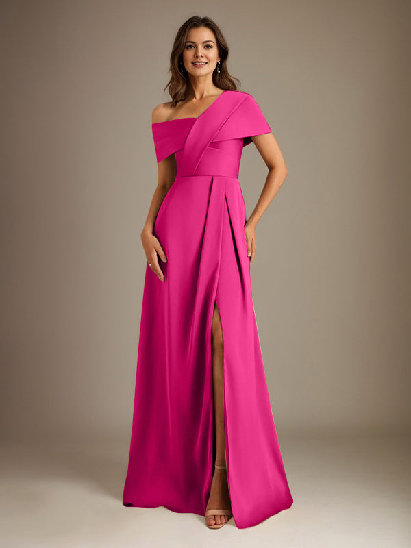 A-Line Asymmetrical Neckline Floor-Length Satin Mother of the Bride Dress With Pleated