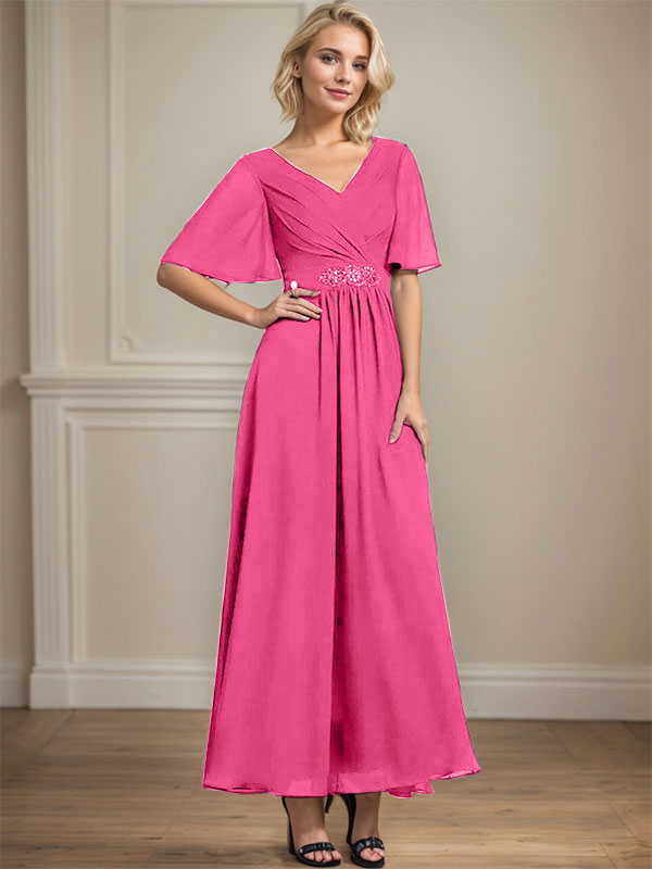 Vestido de gasa para madre de la novia con escote en V, largo hasta los tobillos, corte A y lentejuelas plisadas con cuentas