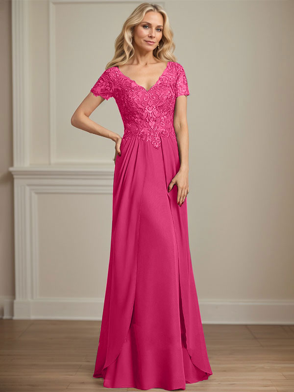 Vestido de gasa con encaje y escote en V hasta el suelo para madre de la novia
