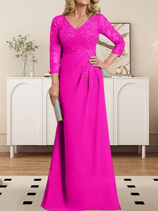 Vestido de madre de la novia de gasa con encaje, escote en V, ilusión, largo hasta el suelo, con lentejuelas plisadas