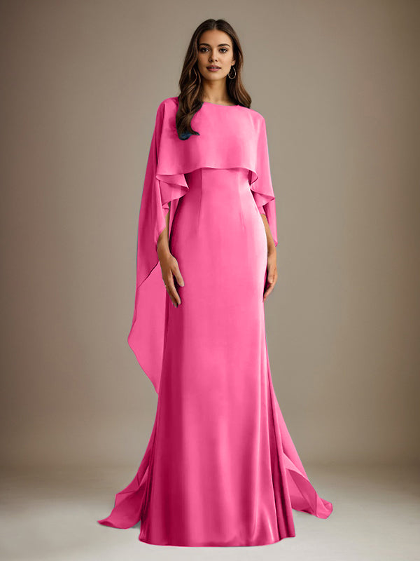 Vestido de gasa para madre de la novia, largo hasta el suelo, con escote barco y corte tubo/columna y volantes en cascada