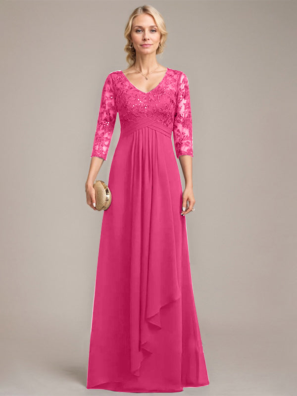 A-Linie V-Ausschnitt Bodenlanges Spitzen-Chiffon-Kleid für die Brautmutter mit kaskadierenden Rüschen und Pailletten 