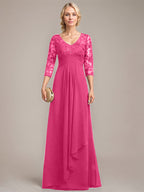 A-Linie V-Ausschnitt Bodenlanges Spitzen-Chiffon-Kleid für die Brautmutter mit kaskadierenden Rüschen und Pailletten 