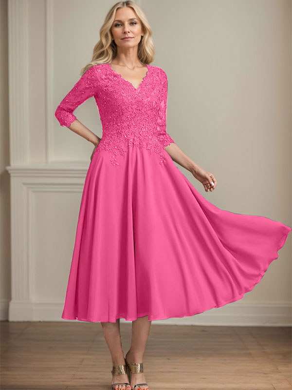 Vestido de gasa con encaje y escote en V para madre de la novia, largo hasta la rodilla, con lentejuelas y abalorios