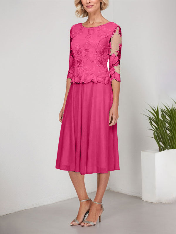 Vestido de gasa con encaje y bordado para madre de la novia, corte A, escote redondo y largo hasta la rodilla