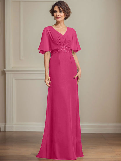 A-Linie V-Ausschnitt Bodenlanges Chiffonkleid für die Brautmutter mit plissierten Paillettenapplikationen Spitze