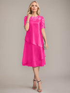 Vestido de madre de la novia con corte en A, escote redondo y largo hasta la rodilla, con apliques y lentejuelas
