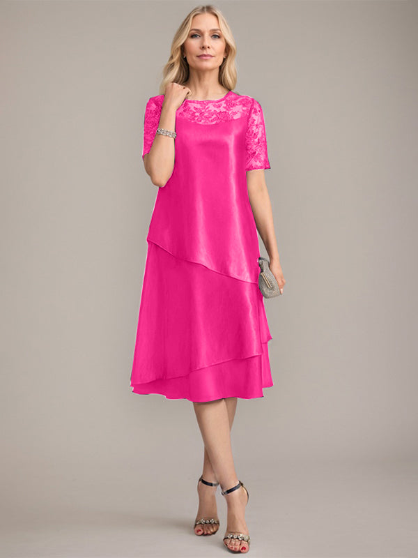 Vestido de madre de la novia con corte en A, escote redondo y largo hasta la rodilla, con apliques y lentejuelas
