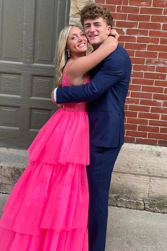 Tulle Layered Spaghetti Straps Long Prom Dresses, Evening Dress