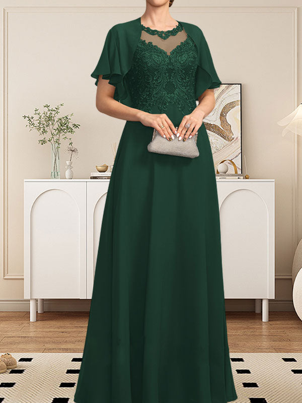 Vestido de gasa con encaje y lentejuelas para madre de la novia, corte A, escote ilusión, largo hasta el suelo