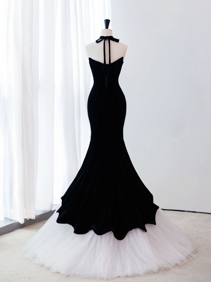 Schwarzes Meerjungfrau-Abendkleid aus Samt und Tüll, lang, Y4678