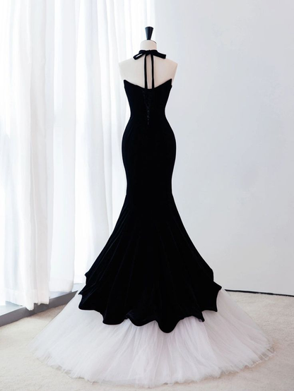 Schwarzes Meerjungfrau-Abendkleid aus Samt und Tüll, lang, Y4678