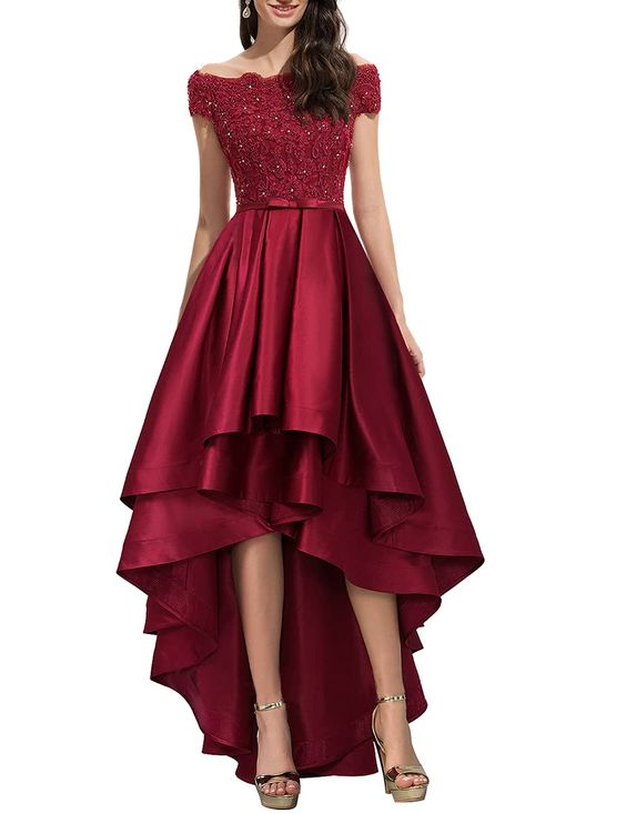 Schulterfreie Ballkleider High Low Formale Kleider Abendkleid Spitzenapplikationen Y5685