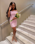 Vestido de fiesta corto con volantes en rosa, sin tirantes, estilo vaina, Y7963
