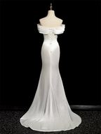 Vestido de noche largo de satén blanco con hombros descubiertos y corte sirena, vestido de novia formal Y8047