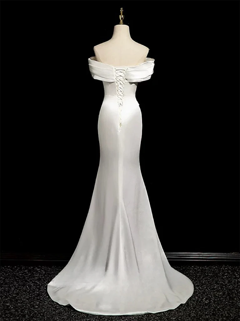 Vestido de noche largo de satén blanco con hombros descubiertos y corte sirena, vestido de novia formal Y8047