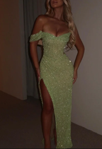 Glitzerndes, schulterfreies Ballkleid mit Schlitz und Pailletten in Salbeigrün, formelles Abendkleid Y7983
