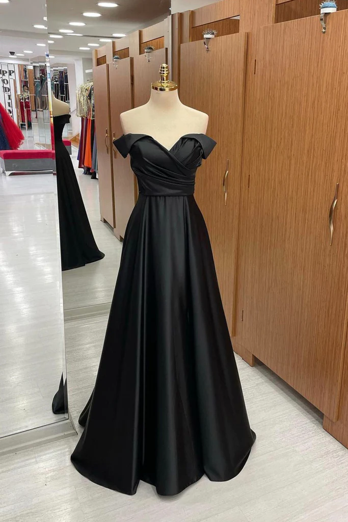 Schulterfreies schwarzes Satin-Langes Ballkleid, langes schwarzes formelles Abschluss-Abendkleid Y201