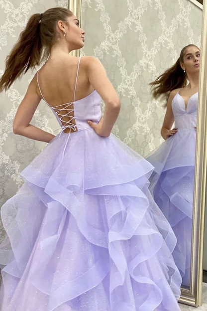 V Neck Backless Fluffy Lilac Long Prom Dress, Backless Lilac Formal Evening Dress Y910