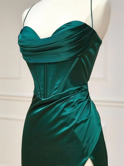 Green Sweetheart Neck Satin Long Prom Dress Green Evening Dresses Y4395