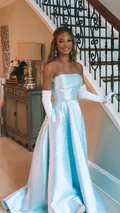 Hermoso vestido de fiesta de cumpleaños sin tirantes azul claro con cuentas de perlas, vestido formal de noche para graduación Y8120